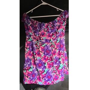 Floral Off The Shoulder Smocked‎ Waist Mini Dress Purple Pink Turquoise